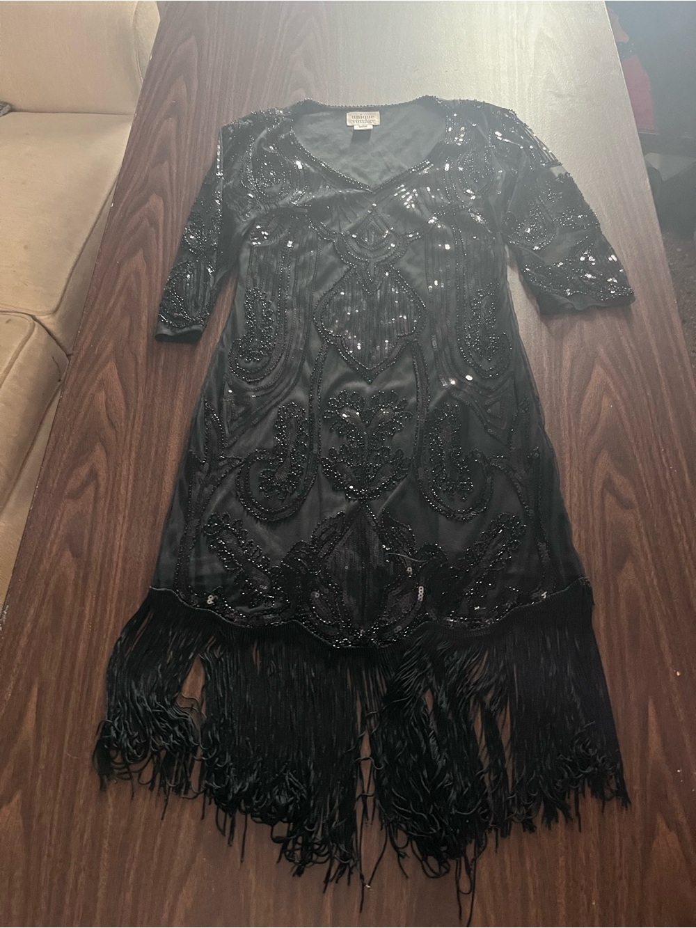 Unique Vintage Black Beaded Fringe Midi Dress